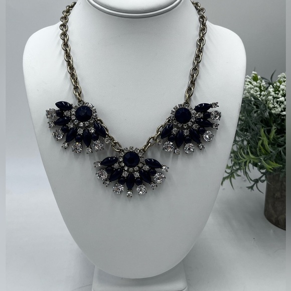 J. Crew Navy Blue and Clear Rhinestone Triple Fan Statement Bib Necklace - Picture 1 of 16